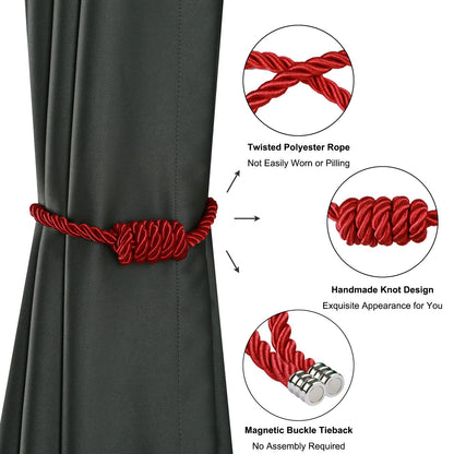 BEL AVENIR Magnetic Curtain Tiebacks, Decorative Drapery Holdbacks Modern Woven Tie-Backs with Exquisite Knot (Red, 4 Pack)