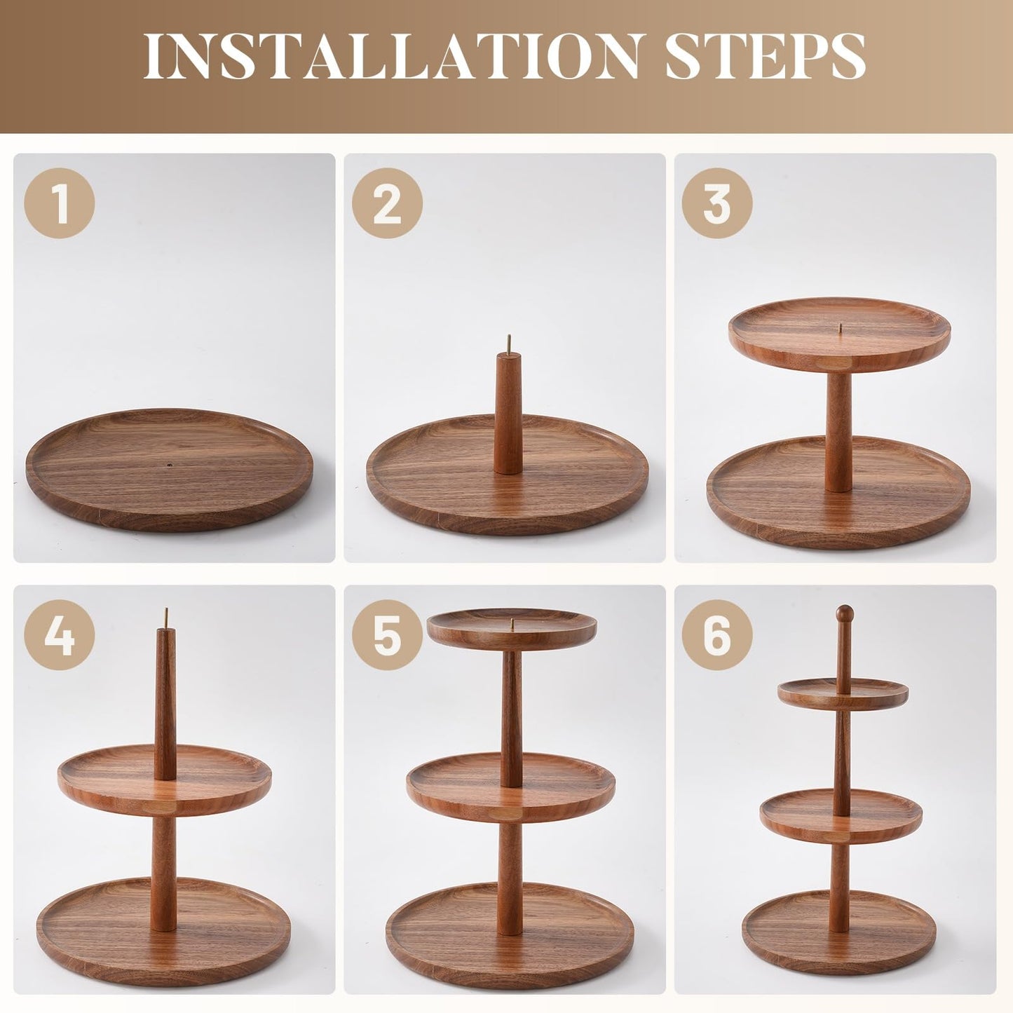 BURMAN Cupcake Stand Dessert Table Display Set – 2 in 1 Adjustable Height Rustic Natural Acacia Cupcake Holder Round Wood Tray – Three Tiered Serving Stand with Rotating Wheels, Anti Slip Stickers