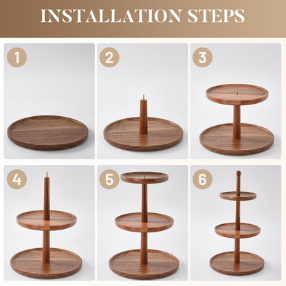 BURMAN Cupcake Stand Dessert Table Display Set – 2 in 1 Adjustable Height Rustic Natural Acacia Cupcake Holder Round Wood Tray – Three Tiered Serving Stand with Rotating Wheels, Anti Slip Stickers