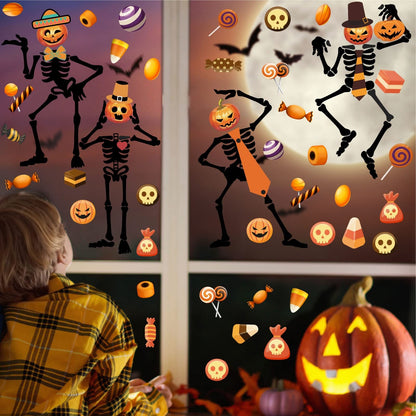 Halloween Skull Wall Decal Halloween Wall Stickers Skeleton Ghosts Pumpkin Candy Wall Decals Gothic Funny Halloween Window Clings Peel and Stick for Kids Bedroom Living Room Window Halloween Party Decor