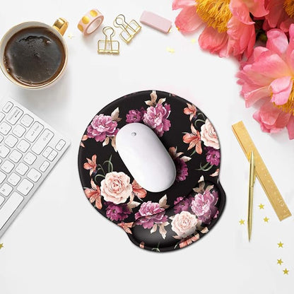 WAVEYU Mouse Pad with Wrist Support, Cute Designed Mouse Mat, Non-Slip Rubber Base Mousepad for Laptop, Computer, Black Flower