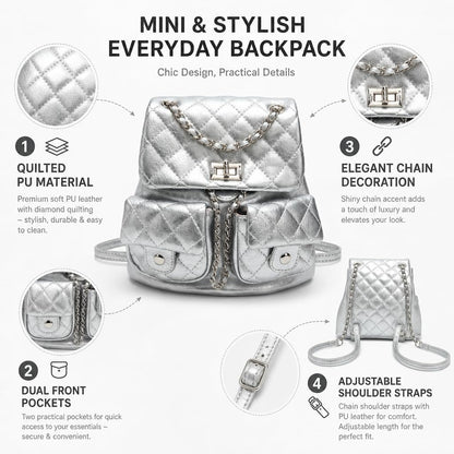 COC.EFRENAR Quilted Mini Backpack for Women, Chain Strap Small Purse with Flap Closure, Fashion Shoulder Bag Cute Travel Daypack(Silver)