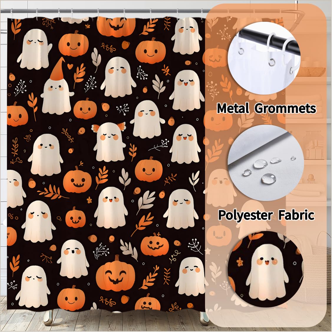 ASVEAS Halloween Ghost Cute Pumpkin Shower Curtain for Bathroom, 70x70 Inch