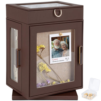 Kendal 360° Rotating Jewelry Box - Brown PU Leather Jewelry Organizer with Shadow Box & Pinboard, Detachable Top Tray, Drawers & Push Pins for Personalized Accessory Display & Storage