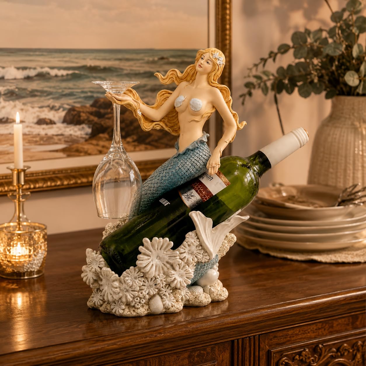 Comfy Hour Under The Sea Collection Mermaid Wine Rack Bottle Holder, 8.46"L x 5.7"W x 13.0"H, Polyresin