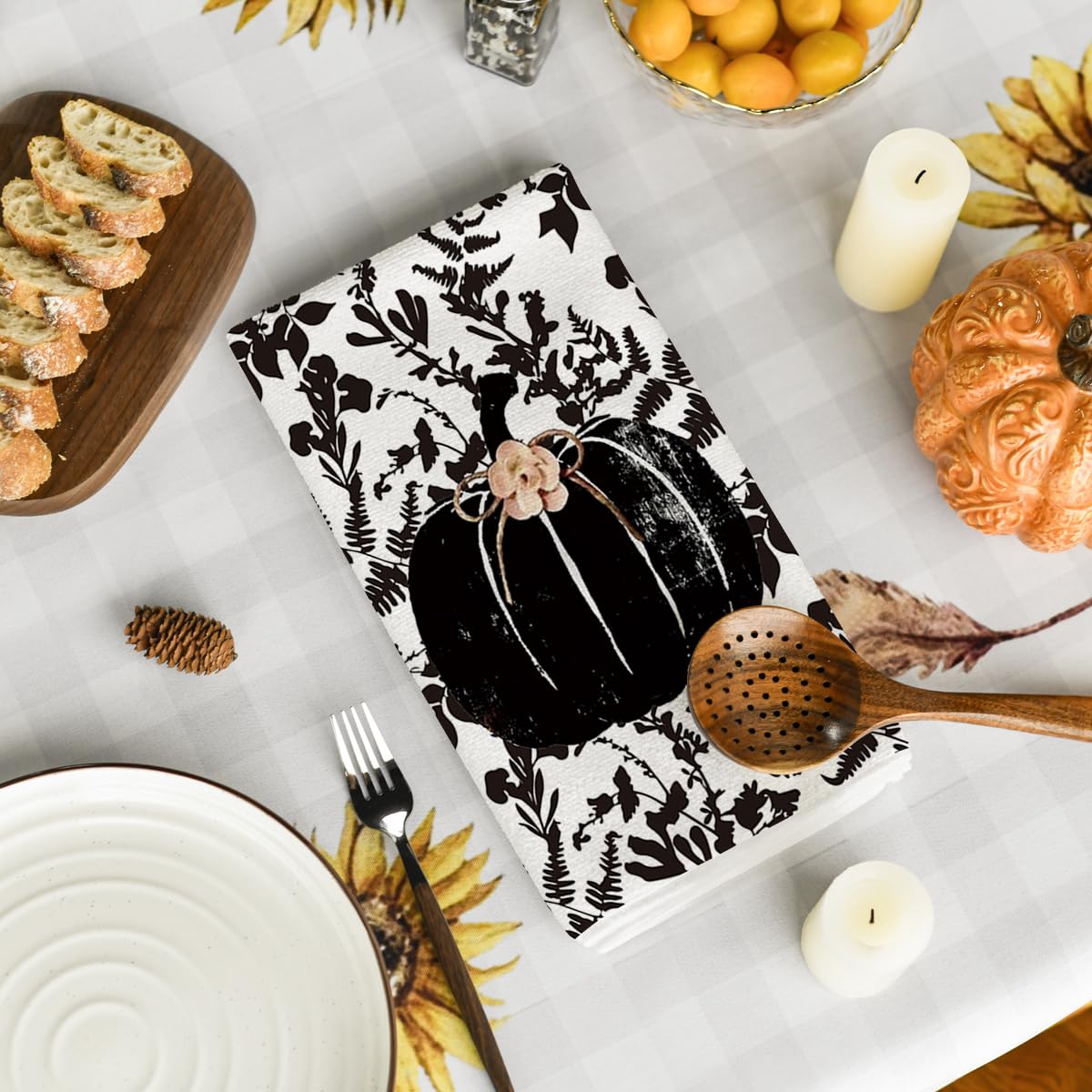 Artoid Mode Black Polka Dot Pumpkin Fall Kitchen Towels Dish Towels, 18x26 Inch Farmhouse Leaves Autumn Decoration Hand Towels Set of 2