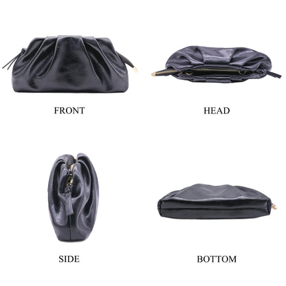Milisente Clutch Purses for Women Shiny PU Leather Pleated Evening Clutch Bag With Shoulder Strap for Formal Wedding Prom (Black)