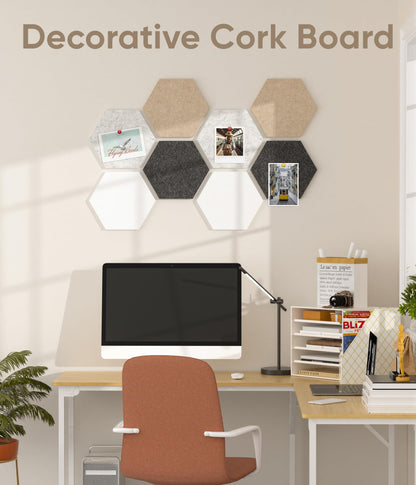 Toptople 12 Inch Large Hexagon Cork Board for Walls, 8 Pack Felt Bulletin Board Tiles, Pin Board with Push Pins for Office Photo and Note, Linen Stone