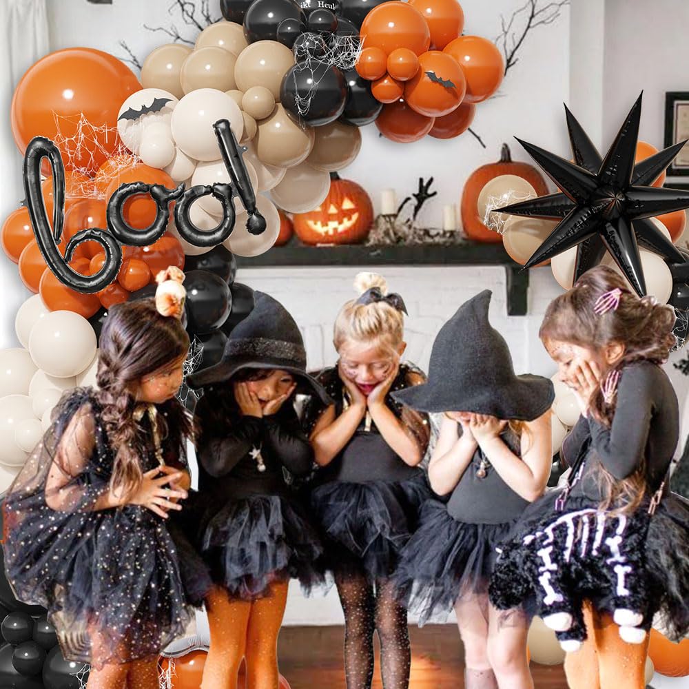 Halloween Little BOO Balloon Garland Arch Kit, 151 Pcs Black Burnt Orange Retro White Latex Balloons with Ghost and Boo Foil Balloon for Spooky One Costume Halloween Party Decorations