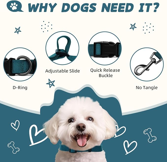 Peacock Blue Dog Collar and Leash Set for Medium Dogs Soft and Breathable of 90% Rayon from Bamboo and 10% Polyester Comfortable Skin-Friendly, Adjustable Leash Set with Quick Release Buckle