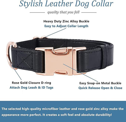 Dog Collar and Leash Set.Soft and Easy to Clean Vegan Leather with Rose Gold Metal Buckle for Small Medium Large Dogs (Black, L(15.4”-24.8“)