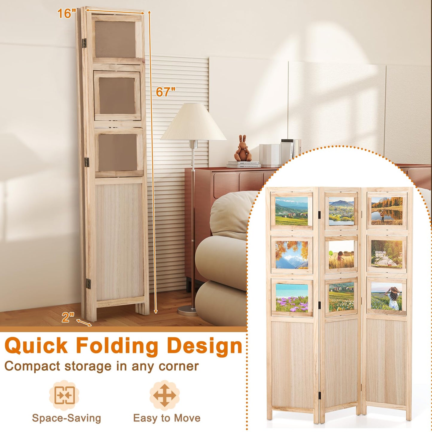 Giantex 3 Panel Room Divider with 9 Rotating Picture Frames, 67'' Folding Privacy Screen for Photo Display, Freestanding Wood Wall Partition for Room Separation, Bedroom, Office, Natural