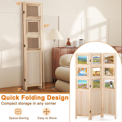 Giantex 3 Panel Room Divider with 9 Rotating Picture Frames, 67'' Folding Privacy Screen for Photo Display, Freestanding Wood Wall Partition for Room Separation, Bedroom, Office, Natural
