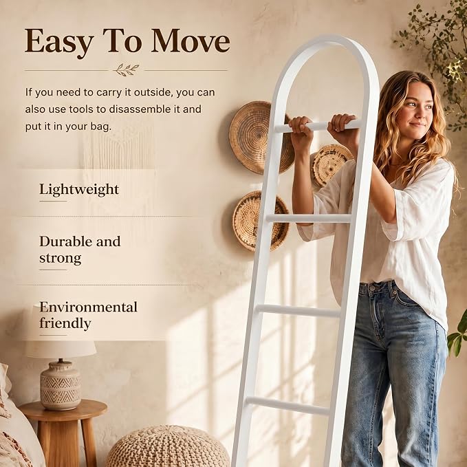 Sintuff Arched Blanket Ladder for Living Room, 5.5ft Wooden Blanket Rack, 5-Tier Natural Leaning Ladder Shelf for Farmhouse Bedroom Living Room Bathroom Decor(Arch,White)