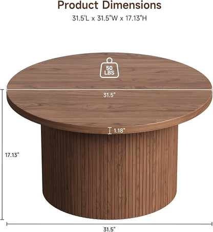 31.5" Round Coffee Table, Mid Century Modern Fluted Tambour Coffee Table, Engineered Wood Small Circle Center Table, Drum Accent Modern Living Room Table, Walnut