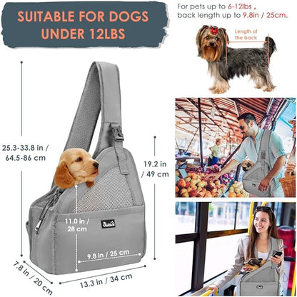 SlowTon Pet Dog Sling Carrier, Hands Free Hard Bottom Papoose Small Animal Puppy Up to 11 lbs Travel Bag Tote Breathable Mesh Support Adjustable Padded Strap Pocket Safety Belt Machine Washable