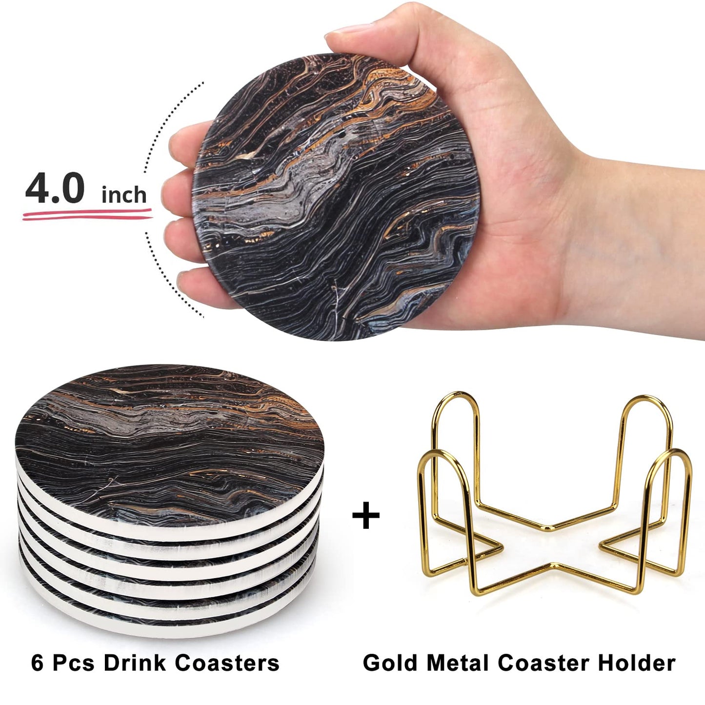 6 Pcs Black Ceramic Stone Modern Coasters with Holder Best Absorbent Drink Coasters Round Ceramic Table Coasters Set Best Coffee Table Ceramic Coaster Set
