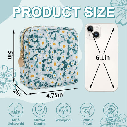 UIXIZQ Waterproof Mini Floral Makeup Bag Pouch for Purse,Nylon Flower Cosmetic Travel Bag Small Preppy Toiletry Organizers Bag for Women Girl,Cute Zipper Pouch Coin Purse for Work(Mini Green-Daisy)