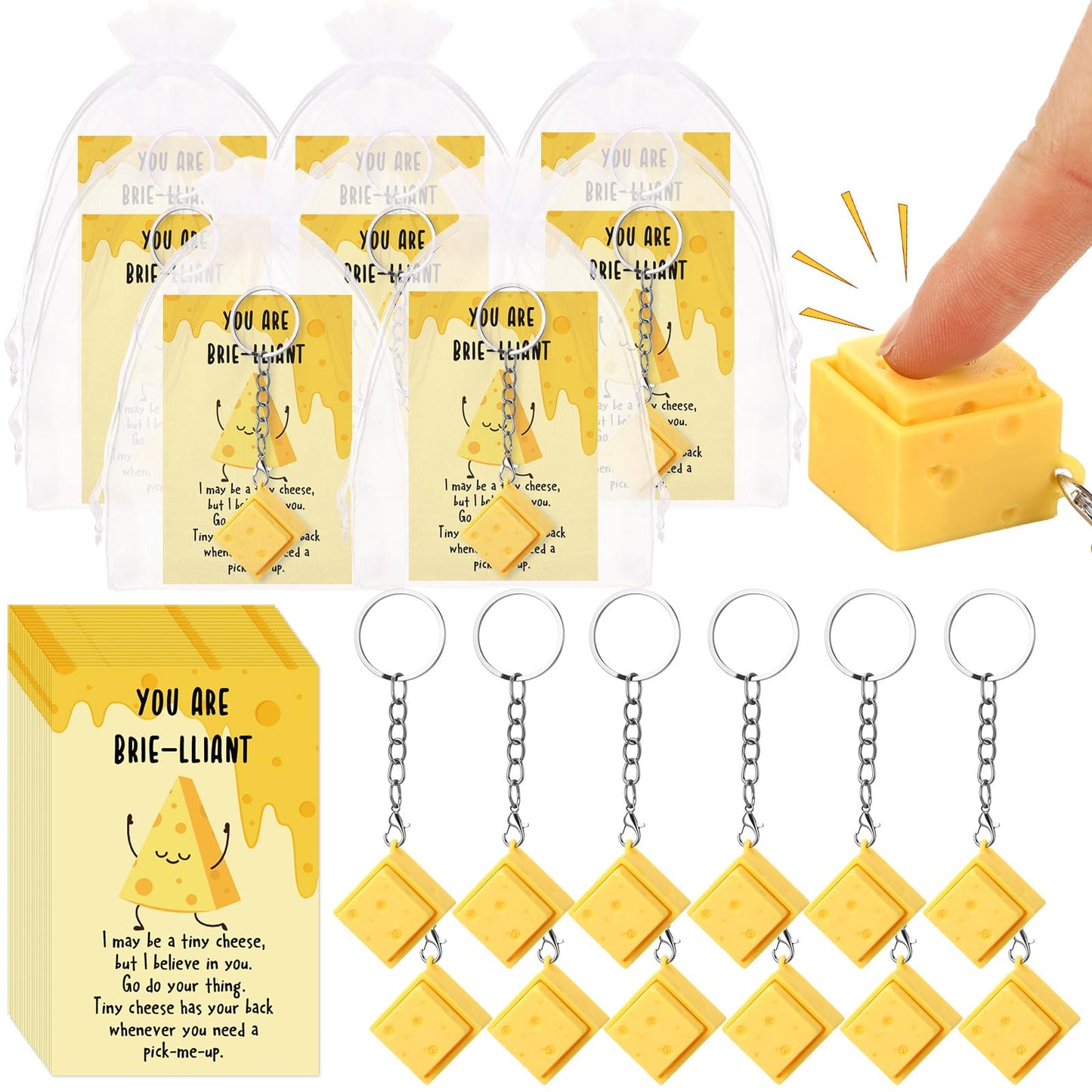 Gerrii 24 Sets Cheese Clicker Fidget Keychains Bulk Graduation Gifts 3D Sensory Clicker Fidget Toys Inspirational Cheese Keychains with Cards for Teacher Student Nurse Coworker Office Staff Favors