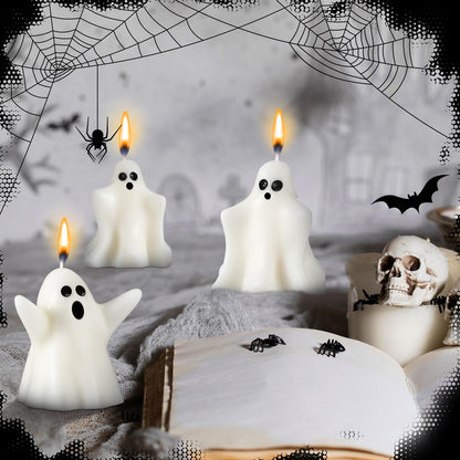 Minatee 4 Pieces Large Halloween Ghost Candles Ghost Spooky Decor Burning White Scented Wax Candles Gifts for Boo Basket Stuffers Halloween Room Table Indoor Decorations, 2 Style