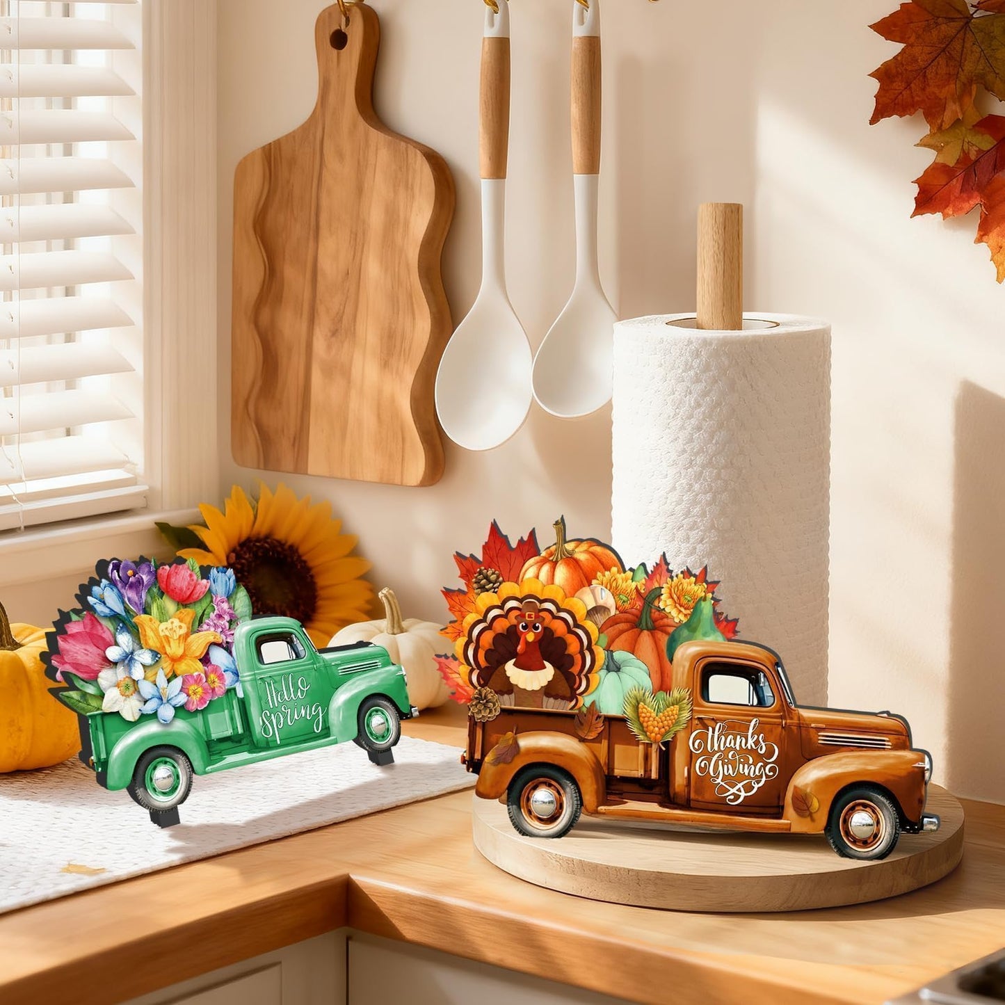 APUDWN Interchangeable Paper Towel Holder Seasonal Freestanding Bamboo Paper Towel Holder with 10 Holiday Sign Countertop Decoration for Summer 4th of July Kitchen Home Bathroom (Truck)