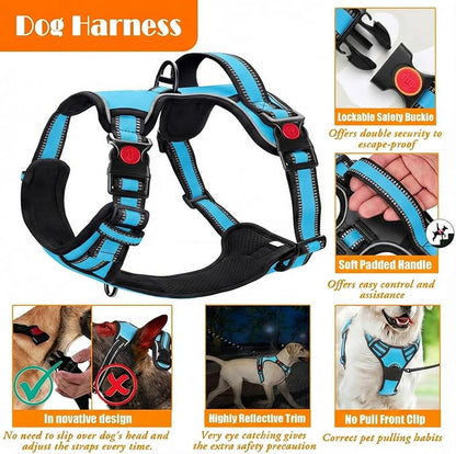 LOBEVE No Pull Dog Harness, Collar & Leash Set with Retractable Dog Seat Belt, Collapsible Dog Bowls and Poop Bag Dispenser - Ideal for Training, Walking, Hiking - Fits Small to Large Dogs(Blue-M)