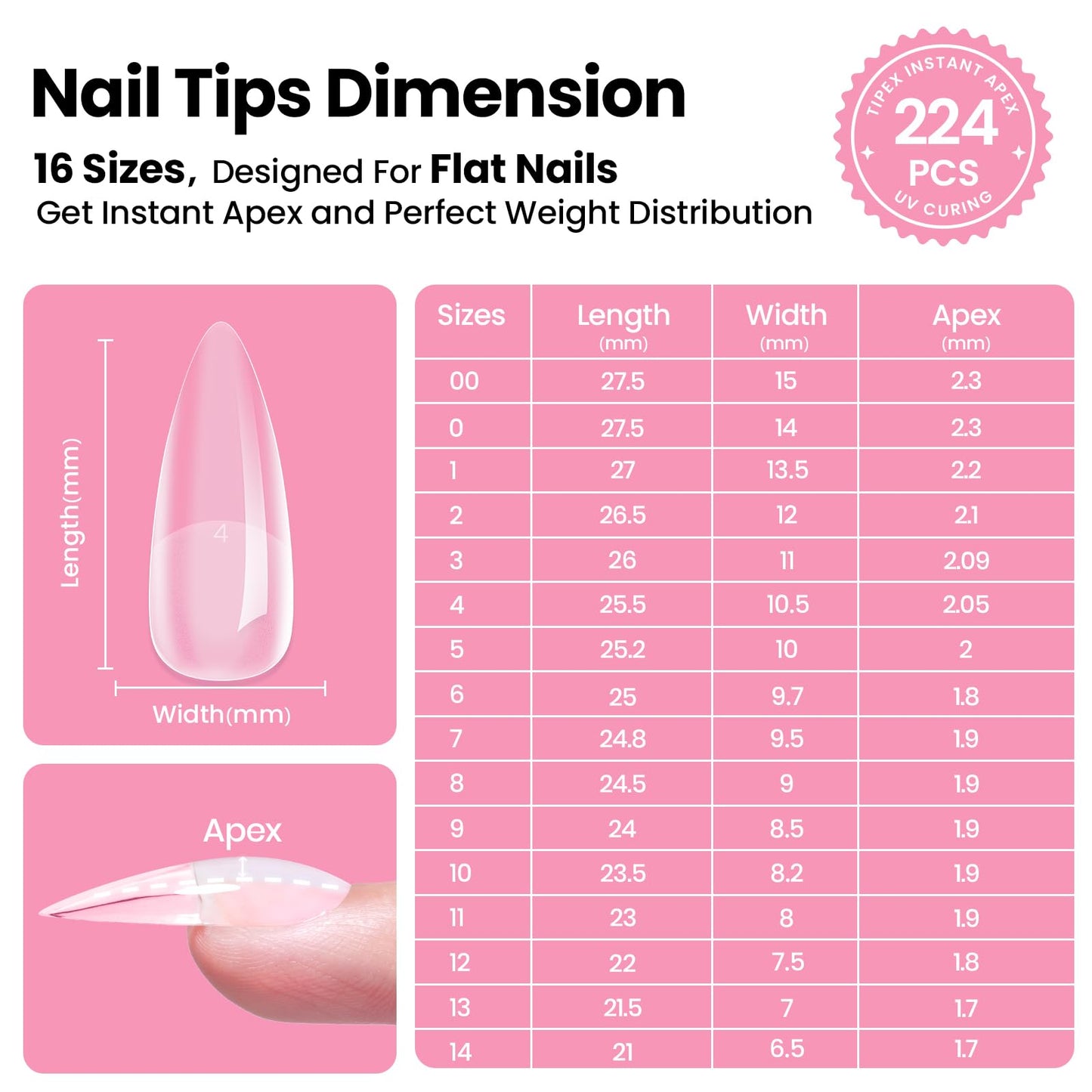 Beetles Tipex Instant Apex Nail Tips Kit, Coffin Long 224Pcs 16 Sizes Pre-Building & Pre-Etched Thicker Acrylic Nails False Nail Extension with Tipex Nail Glue Mini Nail Lamp