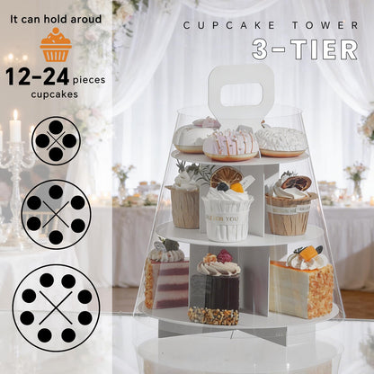 FZJ 3-Tier Cupcake Stand, 5 Set Cardboard Cupcake Tower with Clear Cover, Dessert Cup Cake Stand Tower for Birthday Wedding Party Decoration,Afternoon Tea Stand, Cupcake Tier Stand