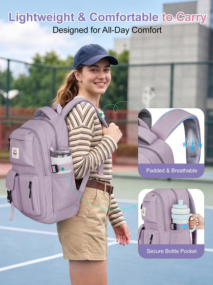 FIORETTO School Backpack for Teen Girls & Women with Compartment, Lightweight School Bag Bookbag with Multiple Pockets, Ideal for Middle High School, College, Travel, Purple 25L