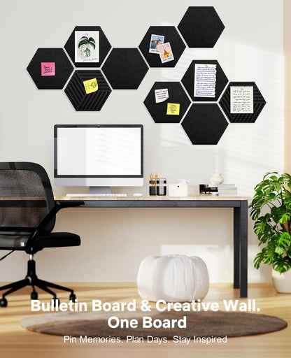 Hexagon Large Cork Bulletin Board Tiles, Peel and Stick Felt Wall Panels for Vision, Message Center, Picture and Prayer Board for Office, Dorm, Room and Desk Decor(Black)