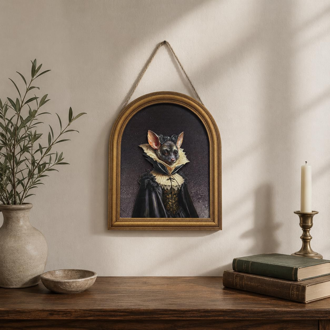 3D Gothic Bat Table Decor Painting, Dark Academia Victorian Vampire Animal Portrait Wooden Wall Art for Home Bar Desk Shelf, 8x10 Inch