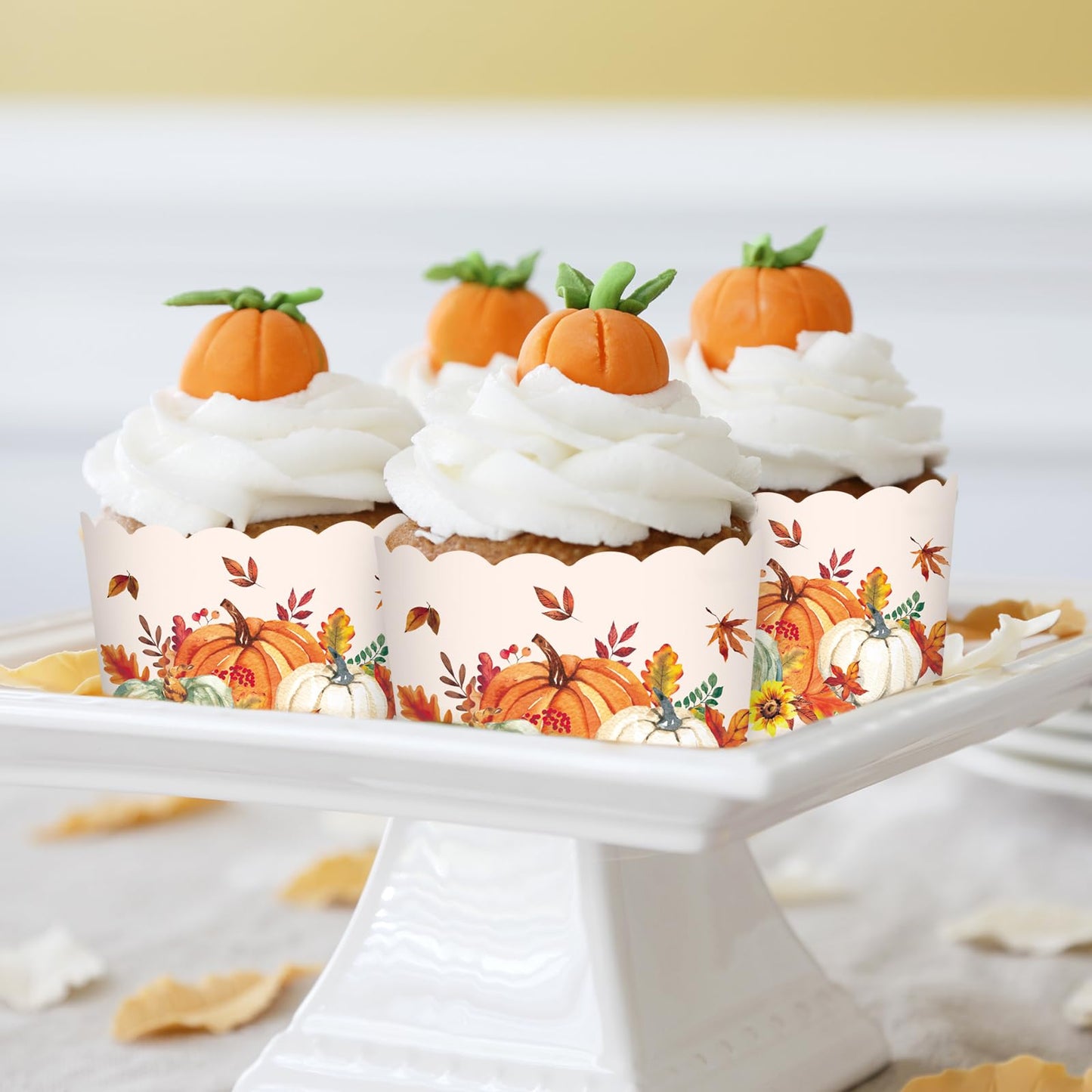 JarThenaAMCS 100 Pcs Fall Baking Cups Watercolor Orange Green White Pumpkin Maple Leaf Wrappers Cupcake Muffin Cases for Thanksgiving Autumn Party
