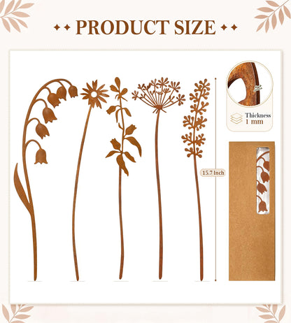 VIS'V Metal Decorative Garden Stakes, 15.7 Inch Rusty Flower Plant Yard Art Stakes for Outdoor Indoor Decor, 5 Pcs