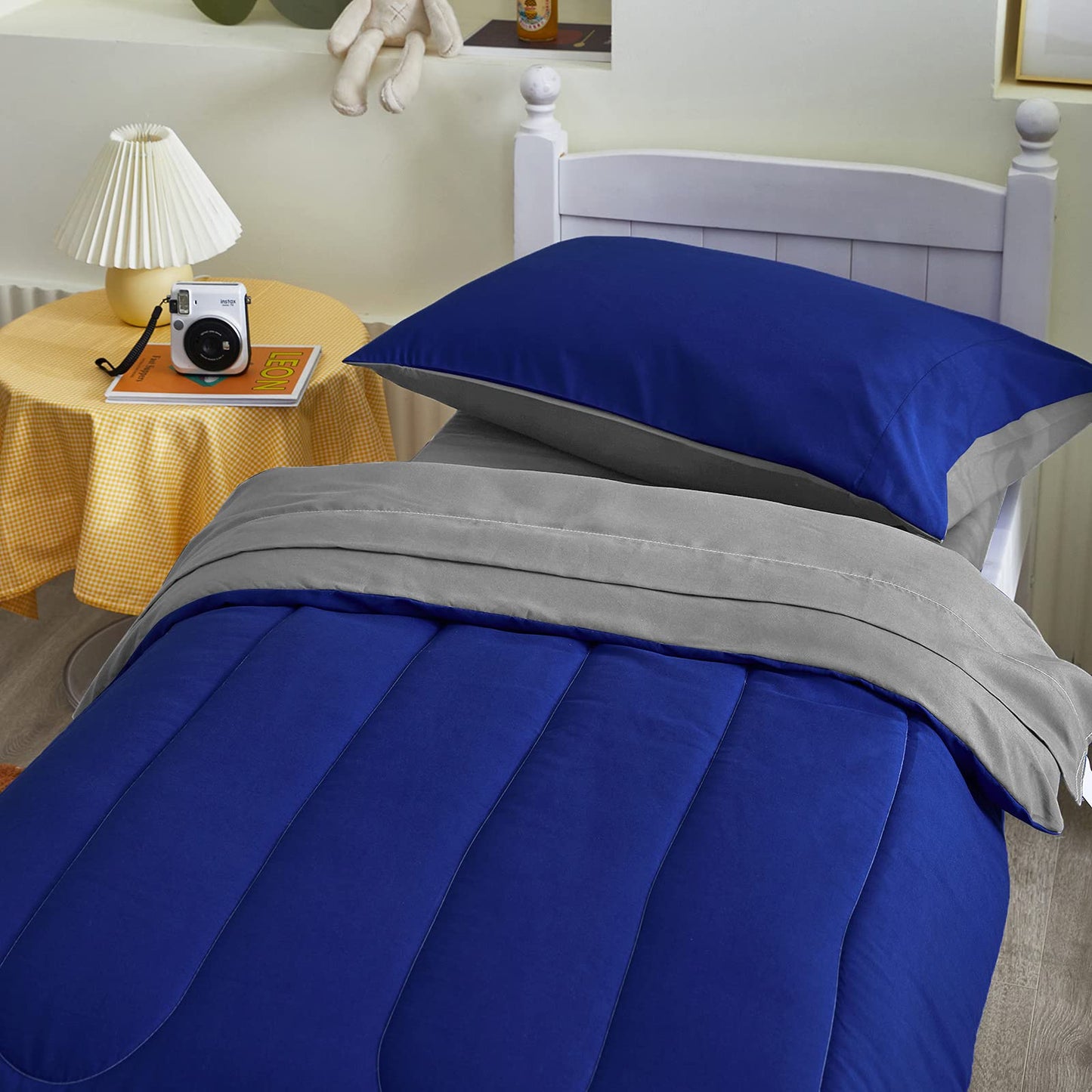 4 Pieces Toddler Bedding Set Ultra Soft and Breathable Toddler Comforter Sheet Set for Autumu and Winter- Includes Warm Comforter, Flat Sheet, Fitted Sheet and Pillowcase - Royal Blue & Gray