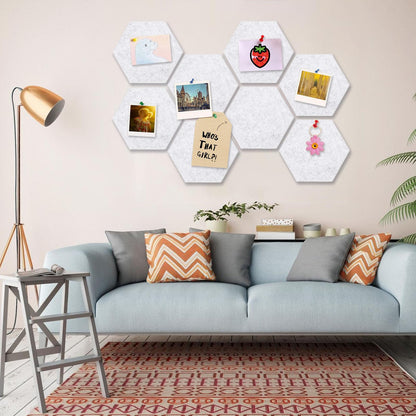 8 Packs Silver Grey Hexagon Felt Pin Board, 12" Bulletin Board with 30 Push Pins, Felt Board for Home Kitchen Office Decor, Self-Adhesive Corkboard Tiles for Walls Message Photos Memos Display