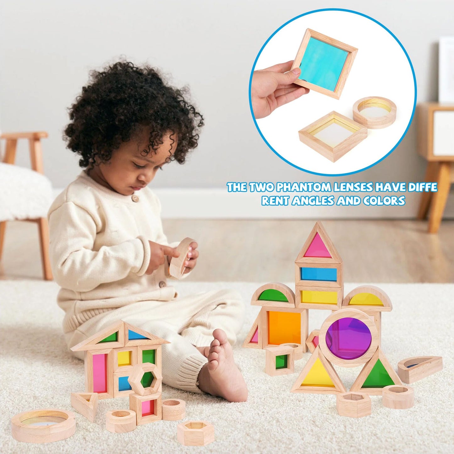 Agirlgle Wooden Rainbow Building Blocks for Kids 32 Pcs Rainbow Stacker Stacking Blocks Game Colorful Construction Toys Preschool Learning Educational Toys -Geometry Wooden Blocks for Boys & Girls