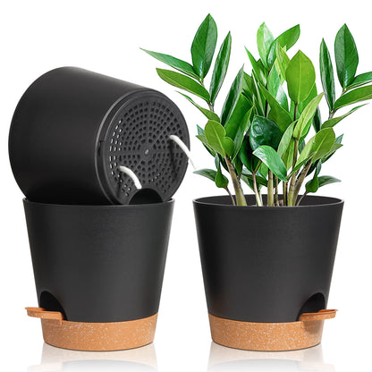 T4U 20 cm Plastic Flower Pot with Watering System, Set of 3 Self-Watering Flower Pot with Saucer, Herb Pot for Indoor and Balcony Garden Plants Succulents Cactus Flower Pot Black