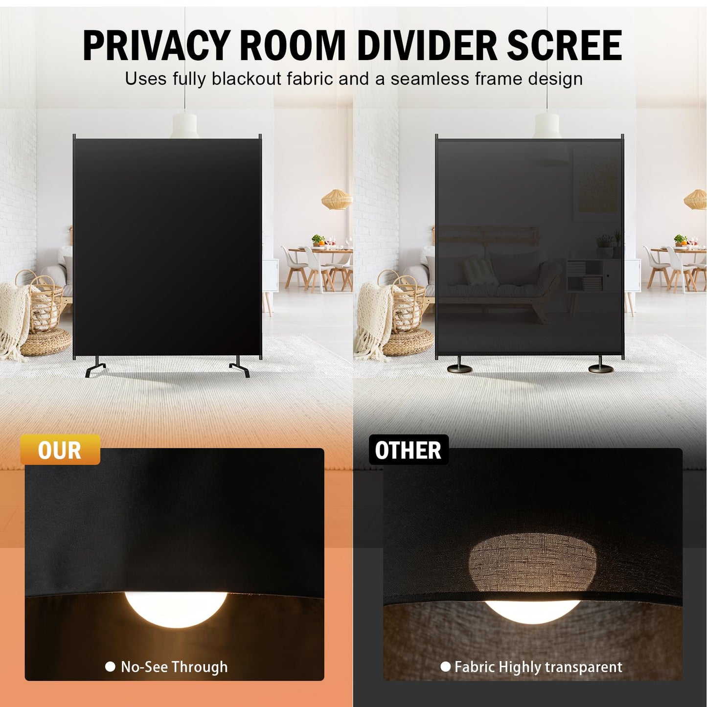 Room Divider Panel, 100% Blackout Privacy Screens with Wider Feet, 5Ft x 6FT Portable Room Partition for Room Separator, Room Divider Screen Partition Room Dividers Freestanding