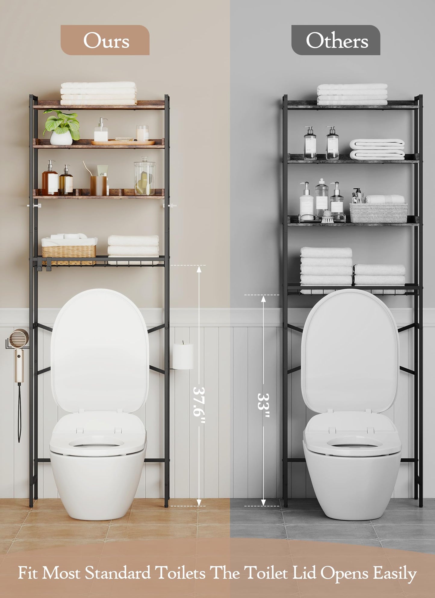 Quikraen 4 Tier Over The Toilet Storage Shelf with 3 Adjustable Shelves, Space Saver Bathroom Organizer with 4 Hooks, Freestanding Above Toilet Rack for Restroom Laundry (Brown)