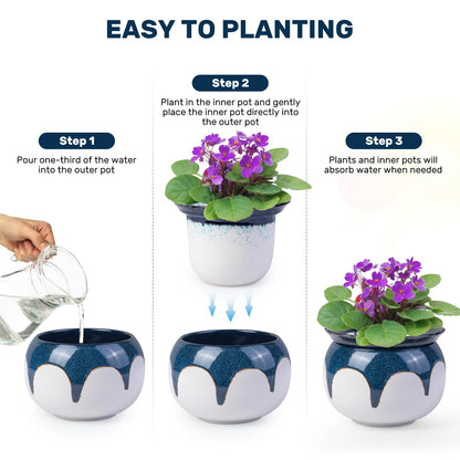 LITUDISO African Violet Pots, 6 Inch Self Watering Pots for Indoor Plants, Easy Plant Self Watering Planter, Ceramic Plant Pot with Absorbent Inner Pot for Flowers - Gradient Blue (No Plants)
