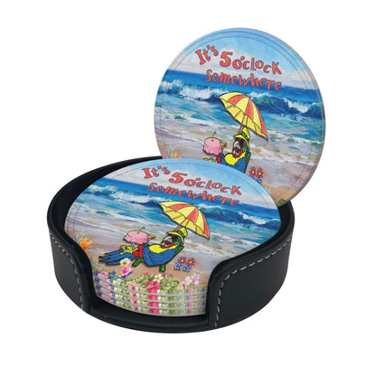 ItS 5 O'Clock Somewhere Parrot Drink Coasters Set of 6 Pack with Holder Able Cup Mat for Hot Cold Drink Non-Slip Housewarming Gifts