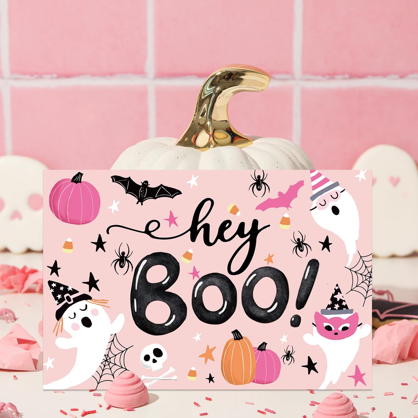 Whaline 24 Pcs Halloween Greeting Cards Boo Ghost Blank Note Cards with Pink Envelopes Stickers for Home Office Classroom Invitations Party Supplies, 4 x 6 Inch
