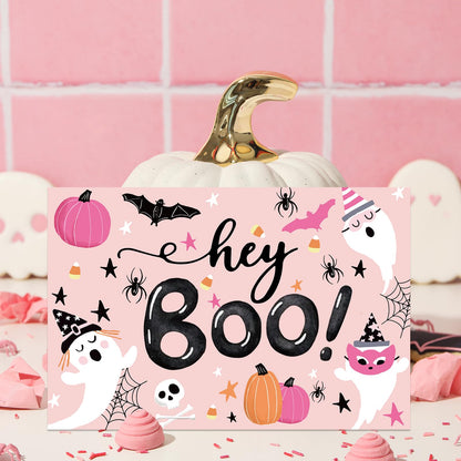 Whaline 24 Pcs Halloween Greeting Cards Boo Ghost Blank Note Cards with Pink Envelopes Stickers for Home Office Classroom Invitations Party Supplies, 4 x 6 Inch