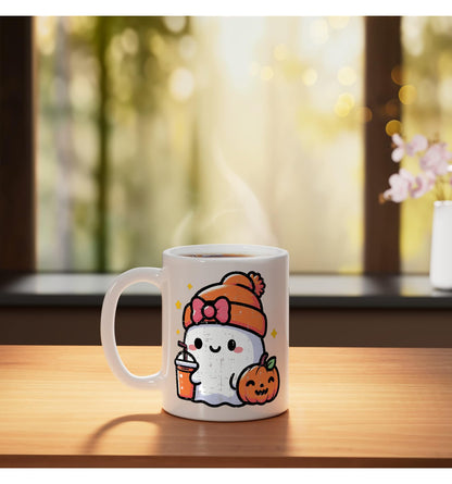 Halloween Ghost Beanie Coffee Fall Costume Girls Kids Women Ceramic Mug, White