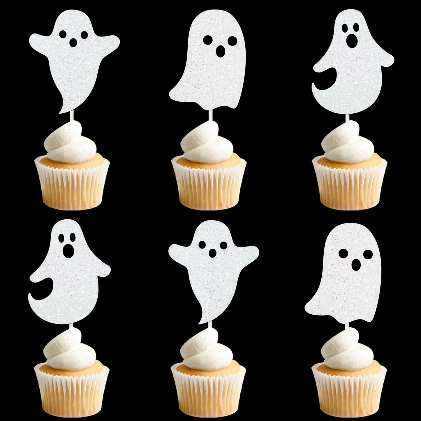 Halloween White Glitter Ghost Cupcake Toppers 24PCS Ghosts Baby Shower Cake Decorations Cute Ghost Cake Toppers for Happy Halloween Birthday Party Baby Shower Supplies
