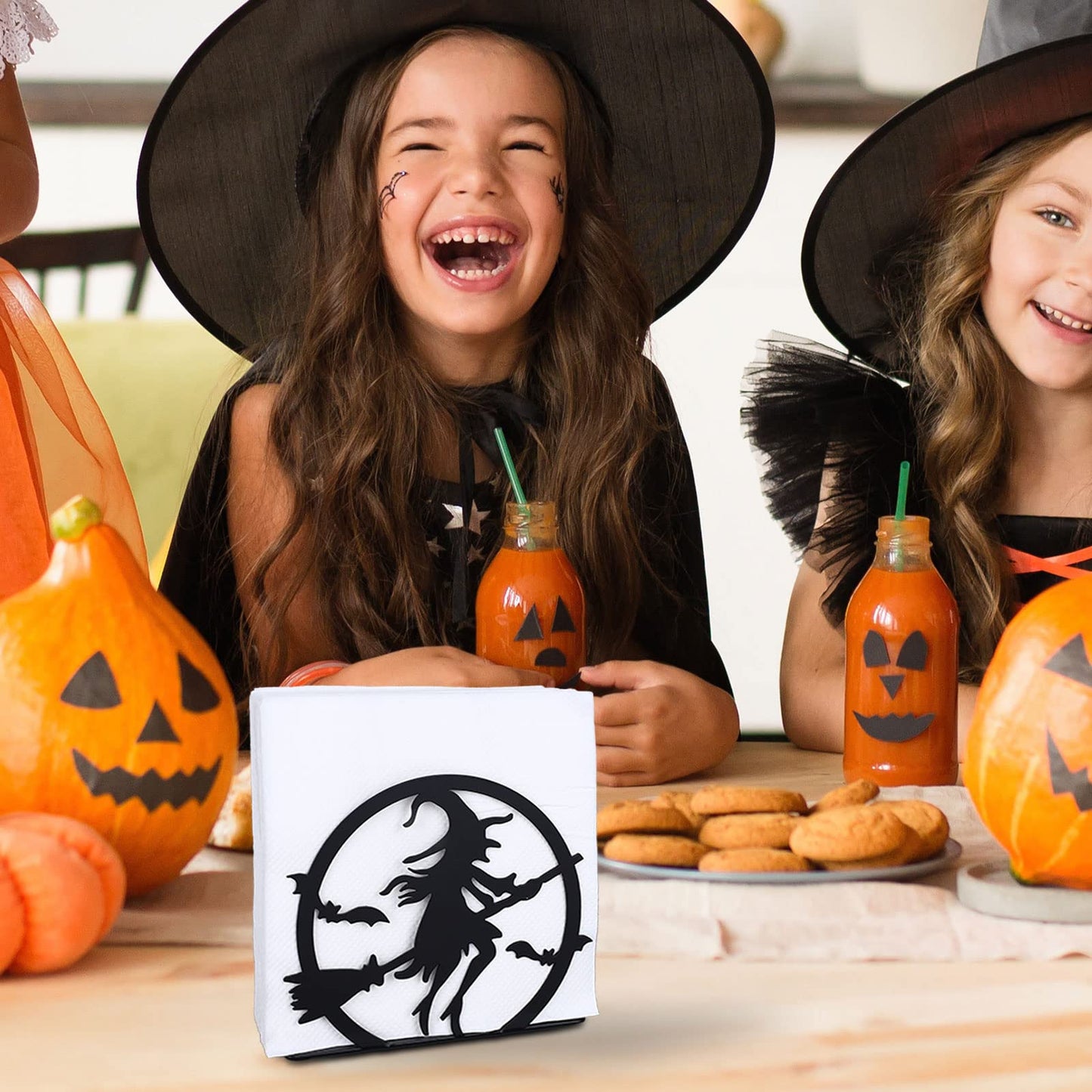Whaline Halloween Napkin Holder Matte Black Metal Hocus Pocus Design Freestanding Tissue Dispenser Vertical Tabletop Napkin Holder for Square Paper Napkin Dinner Home Kitchen Restaurant Picnic Party