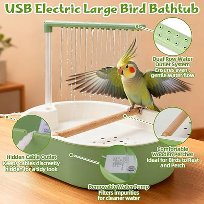Parrot Shower for Cage, Automatic Parakeet Bird Bath with Circulating Water, USB Charging Quiet Pump Detachable Bathtub, for Small & Medium Birds Budgie, Cockatiel, Lovebird, Conure, Parrotlet, Quaker