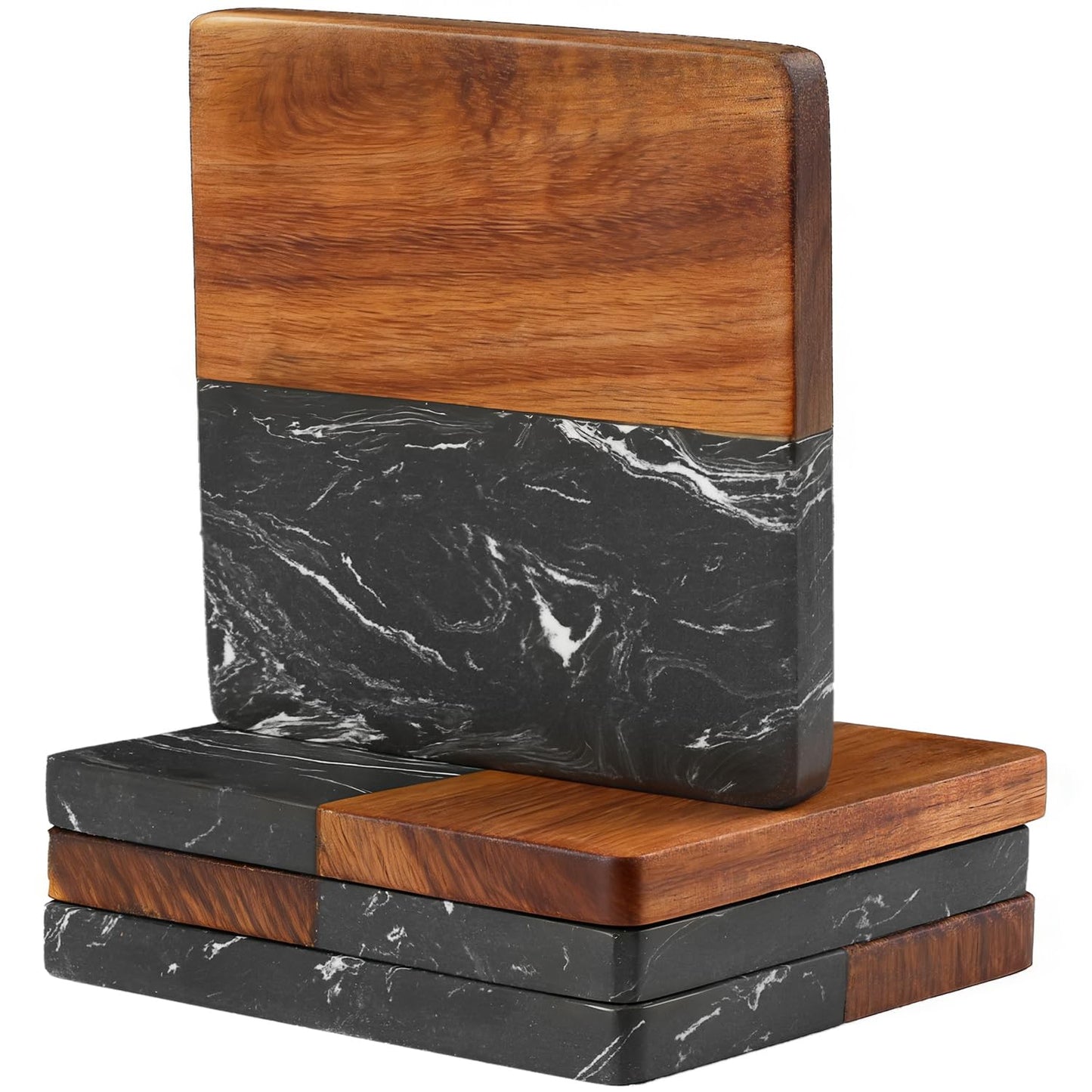 Marble Coasters: 4-Piece Set of Acacia Wood Marble Coasters, Suitable for Kitchens and Offices, can be Used as Gifts (Black Square)