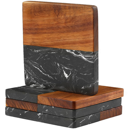 Marble Coasters: 4-Piece Set of Acacia Wood Marble Coasters, Suitable for Kitchens and Offices, can be Used as Gifts (Black Square)