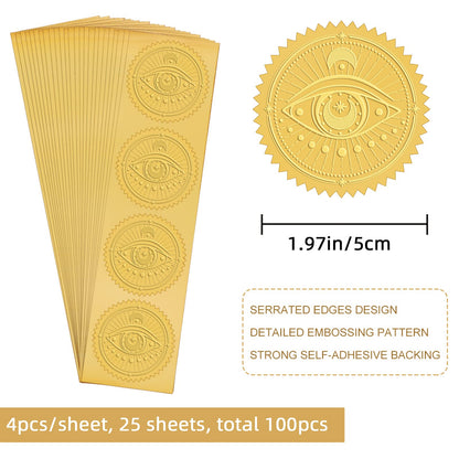 CRASPIRE 2 Inch Gold Embossed Envelope Seals Stickers Evil Eye 100pcs Round Adhesive Embossed Foil Seals Stickers Envelope Label for Wedding Invitations Party Gift Packaging Greeting Card